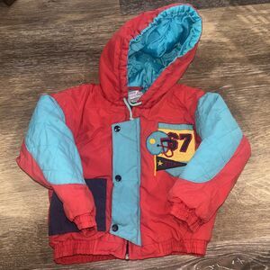 E509 Sz 3T Vintage 90s Toddler Color Block Helmet Team 67 Winter Hooded Coat